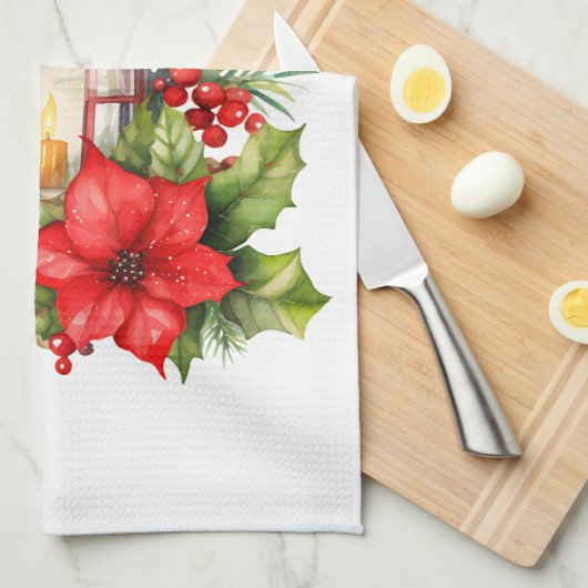 Rode Kerstlantaarn Poinsettia en Pine Theedoek (Quarter Fold)
