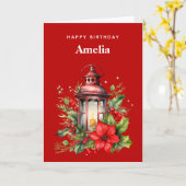 Rode Kerstlantaarn Poinsettia en Pine Verjaardag Kaart (Gele Bloem)