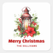 Rode Kerstlantaarn Poinsettia en Pine Vierkante Sticker (Voorkant)