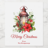Rode Kerstlantaarn Poinsettia en Pine Wijn Etiket (Enkel label)