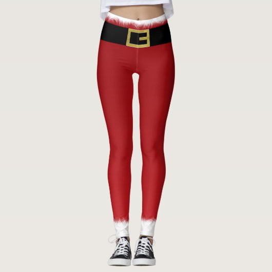 Rode Kerstman Belt & Witte Bont Vakantie Kerstmis Leggings (Voorkant)
