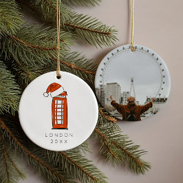 Rode Kerstman Hoed Londen Telefoon Kerstfoto Keramisch Ornament