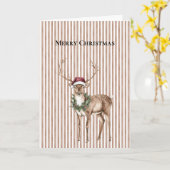 Rode Kerstman Hoed Rendier Bruine Stripes Kerstmis Kaart (Gele Bloem)