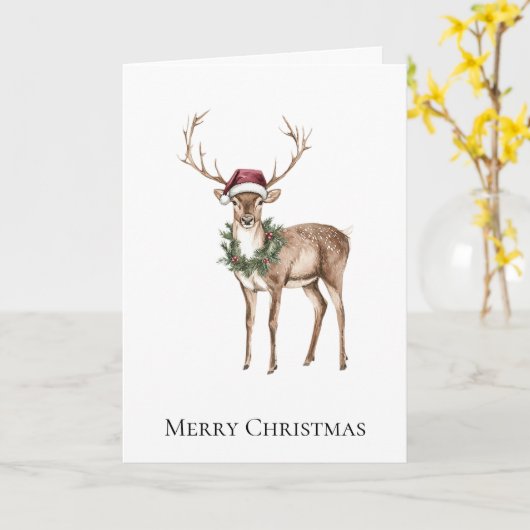 Rode Kerstman Hoed Rendier Kerstmis Kaart (Gele Bloem)