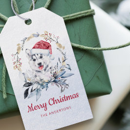 Rode Kerstman Hoed Siberische Husky Pup Krans Vaka Cadeaulabel