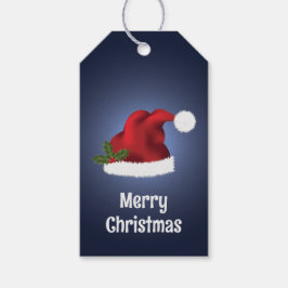 Rode kerstman met kerst op blauw cadeaulabel