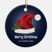 Rode kerstman met kerst op blauw keramisch ornament (Voorkant)