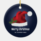 Rode kerstman met kerst op blauw keramisch ornament (Achterkant)