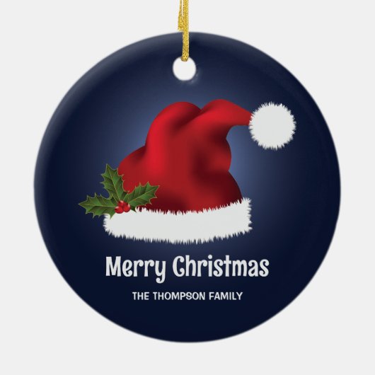 Rode kerstman met kerst op blauw keramisch ornament (Achterkant)