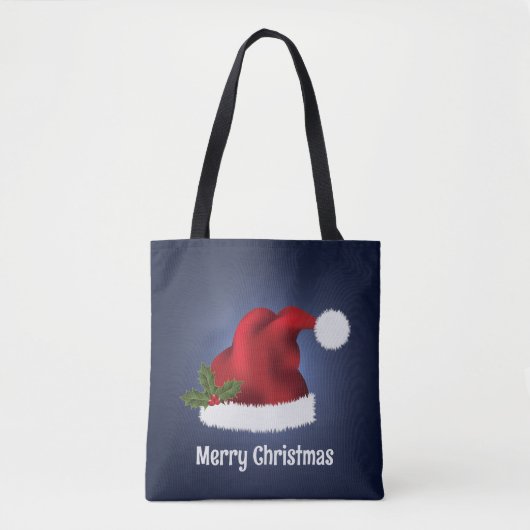Rode kerstman met kerst op blauw tote bag (Voorkant)