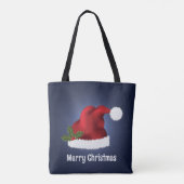 Rode kerstman met kerst op blauw tote bag (Achterkant)