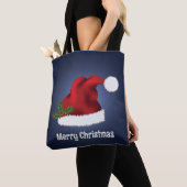 Rode kerstman met kerst op blauw tote bag (Dichtbij)