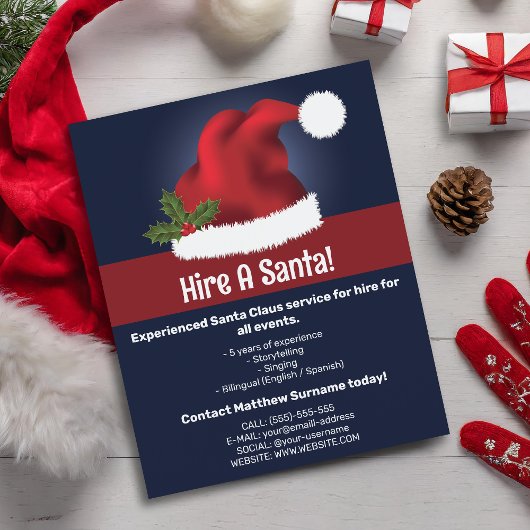 Rode Kerstman-muts op blauw - Kerstman inhuren Flyer