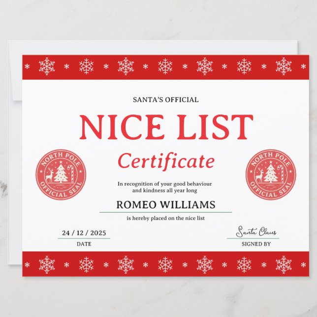 Rode Kerstman Nice List Kerstmis Certificaat (Voorkant)