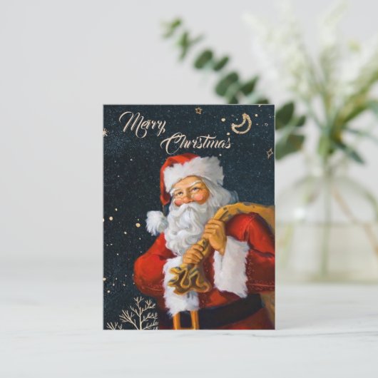 rode kerstman op achtergrond donkerblauwe waterver briefkaart (Staand voorkant)