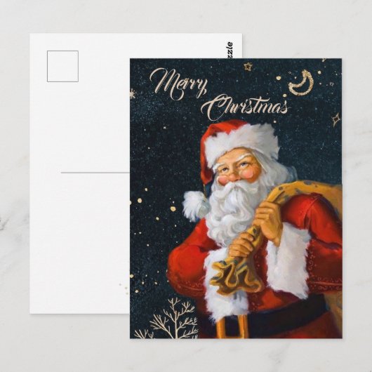 rode kerstman op achtergrond donkerblauwe waterver briefkaart (Voorkant / Achterkant)