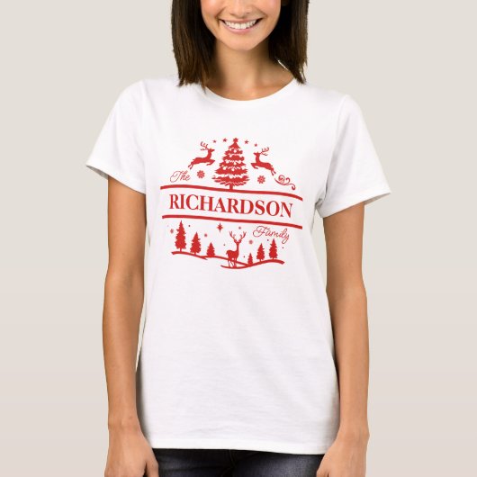 Rode Kerstmis familienaam | Aangepaste naam Monogr T-shirt (Voorkant)