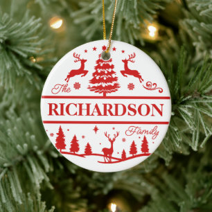 Rode Kerstmis familienaam Monogram Aangepaste Keramisch Ornament