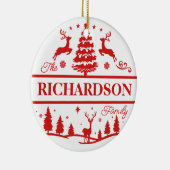 Rode Kerstmis familienaam | Monogram | Aangepaste Keramisch Ornament (Rechts)