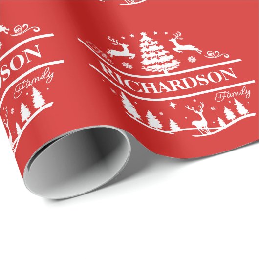 Rode Kerstmis familienaam | Persoonlijke naam Cadeaupapier (Rol Hoek)