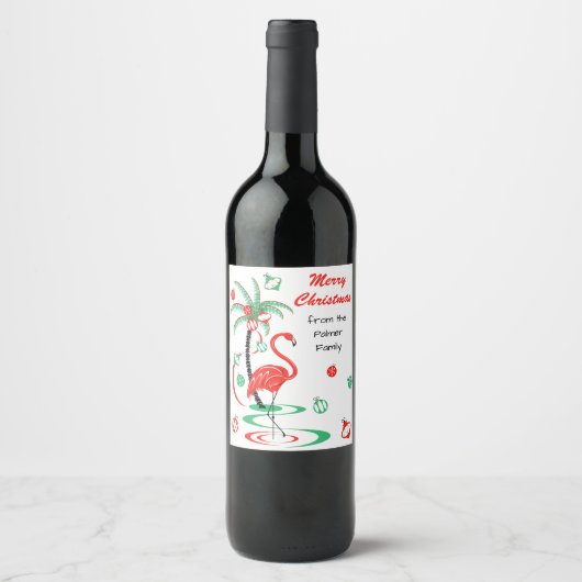 Rode Kerstmis Flamingo Kerstmis Tekst wijn label Etiket (Voorkant)