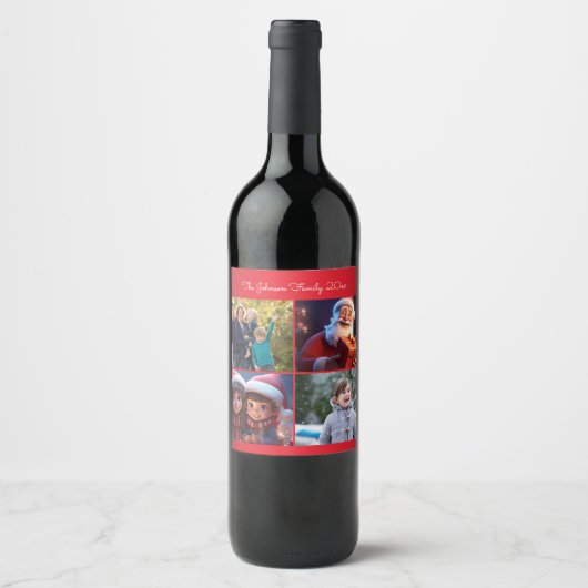 Rode Kerstmis Foto Familie  Wijn Etiket (Voorkant)