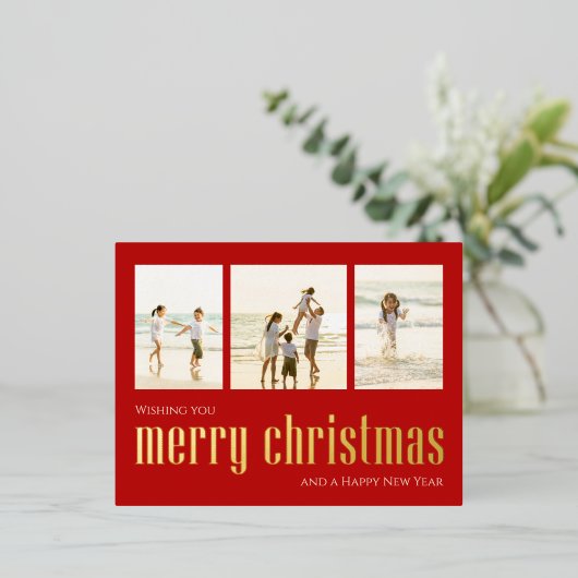 Rode Kerstmis Fotocollagekaart  Folie Feestdagen Briefkaart (Staand Voorkant)