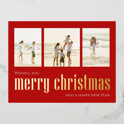 Rode Kerstmis Fotocollagekaart Folie Feestdagen Briefkaart (Voorkant)