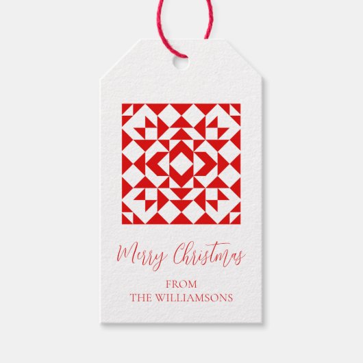 Rode Kerstmis Geometrische quilt op maat Cadeaulabel (Voorkant)