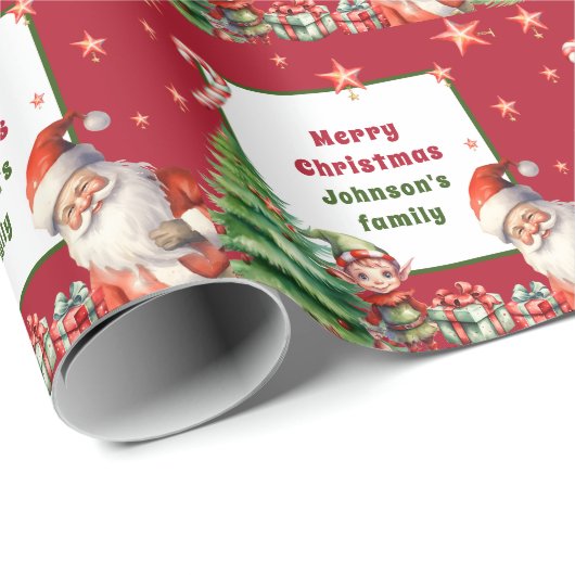 Rode Kerstmis Gepersonaliseerde Kerstman en Elf Cadeaupapier (Rol Hoek)