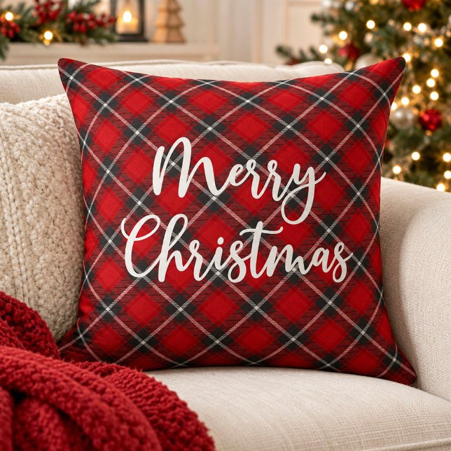 Rode Kerstmis geruite script typografie Kussen (A A festive red plaid merry Christmas pillow)