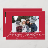 Rode Kerstmis Kalligrafie Script Eenvoudige 3 Foto Feestdagenkaart (Voorkant / Achterkant)