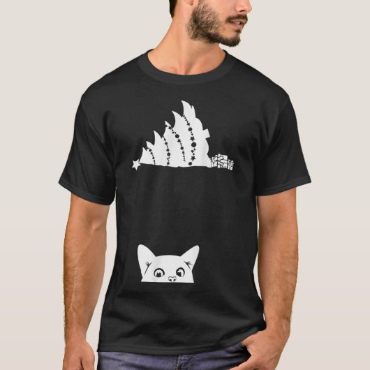 Rode Kerstmis Kat Tipping Kerstboom Over Meowy Kat T-shirt (Voorkant)