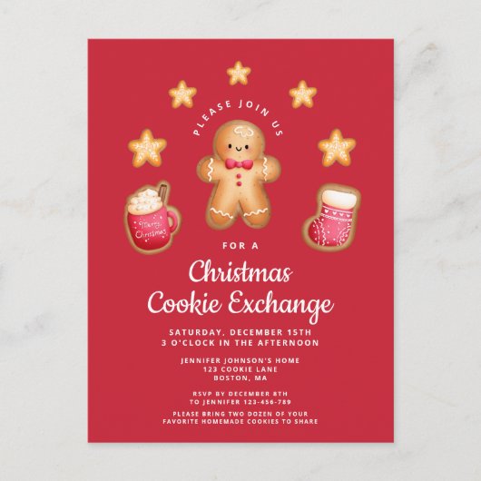 Rode Kerstmis Koekjesuitwisseling Schattige Ginger Uitnodiging Briefkaart (Voorkant)