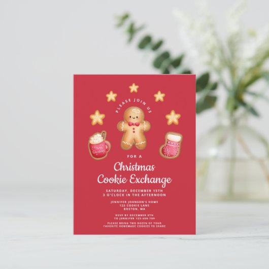 Rode Kerstmis Koekjesuitwisseling Schattige Ginger Uitnodiging Briefkaart (Staand voorkant)