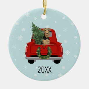 Rode Kerstmis met hond van Airedale Terrier Keramisch Ornament