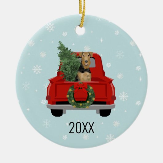 Rode Kerstmis met hond van Airedale Terrier Keramisch Ornament (Voorkant)