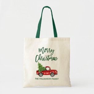  rode kerstmis met penseelscript voor Red Truck Tote Bag