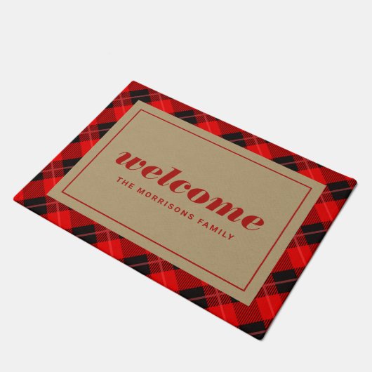 Rode Kerstmis Plaid Gepersonaliseerd Welkom Deurmat (Schuin)