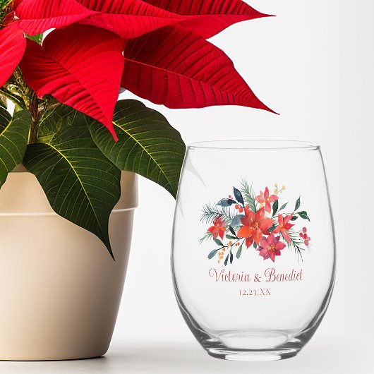Rode Kerstmis Poinsetta Bloemen Aangepaste Bruilof Wijnglas Zonder Voet
