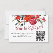 Rode Kerstmis Poinsettia Elegant Floral QR Code RSVP Kaartje (Voorkant)
