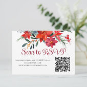 Rode Kerstmis Poinsettia Elegant Floral QR Code RSVP Kaartje (Staand voorkant)