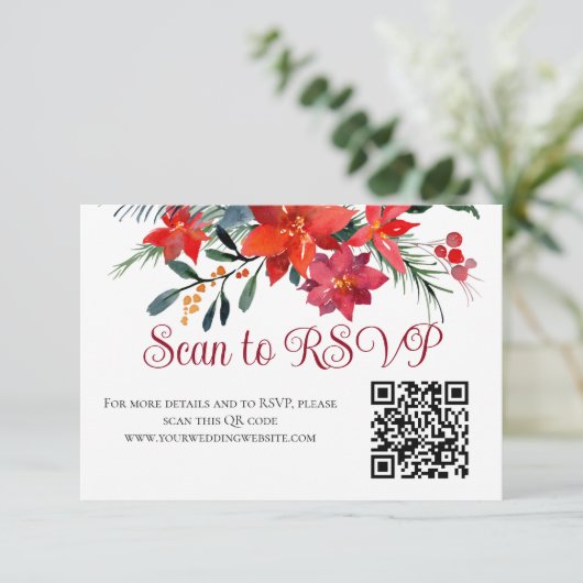 Rode Kerstmis Poinsettia Elegant Floral QR Code RSVP Kaartje (Staand voorkant)