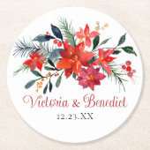 Rode Kerstmis Poinsettia Elegant Floral Wedding Ronde Kartonnen Onderzetter (Voorkant)