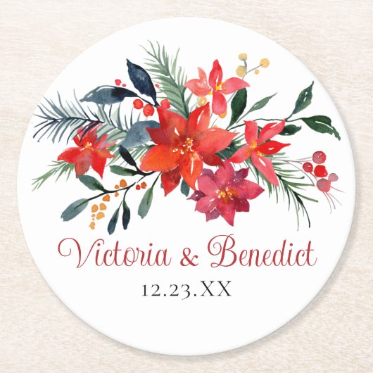 Rode Kerstmis Poinsettia Elegant Floral Wedding Ronde Kartonnen Onderzetter (Voorkant)