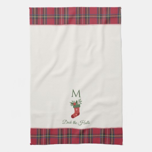 Rode Kerstmis Stocking Custom Monogram Kerstmis Theedoek (Verticaal)