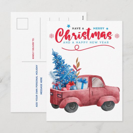 Rode Kerstmis Vrachtwagen Illustratie Vakantie Gro Feestdagenkaart (Voorkant / Achterkant)