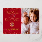 Rode Kerstmis Vrede Vreugde Liefde Foto Echt Goud Folie Feestdagenkaart (Voorkant)