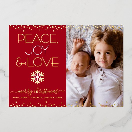 Rode Kerstmis Vrede Vreugde Liefde Foto Echt Goud Folie Feestdagenkaart (Voorkant)