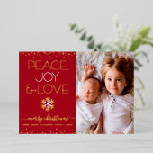 Rode Kerstmis Vrede Vreugde Liefde Foto Echt Goud Folie Feestdagenkaart (Staand Voorkant)
